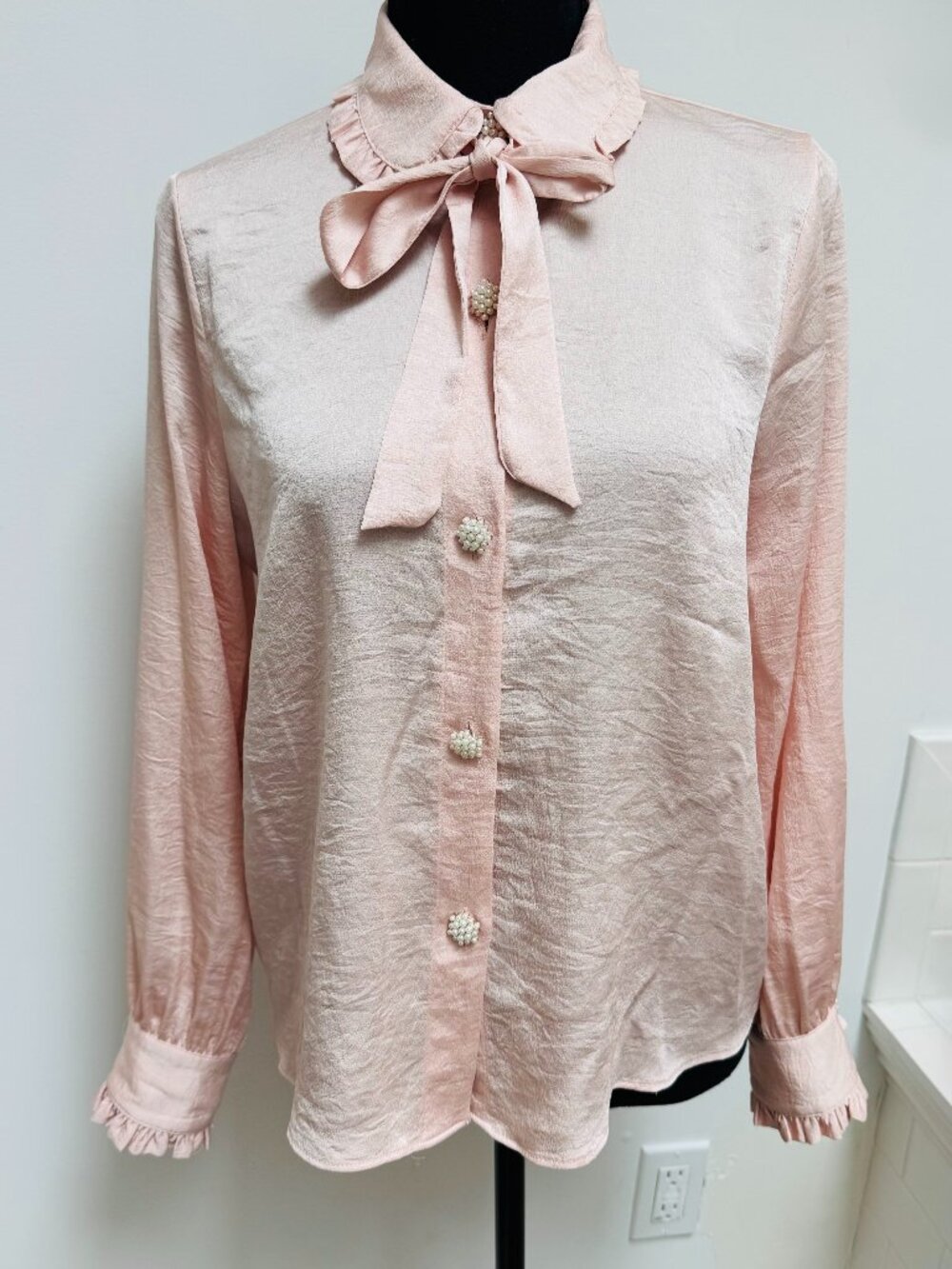 Zara Pink Blouse with Bow and Pearl Buttons, Sz S